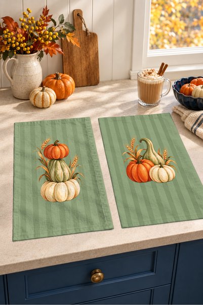 Evmila Sage Harvest Pumpkin and Sage Green Digitally Printed 2-Piece Kitchen ...