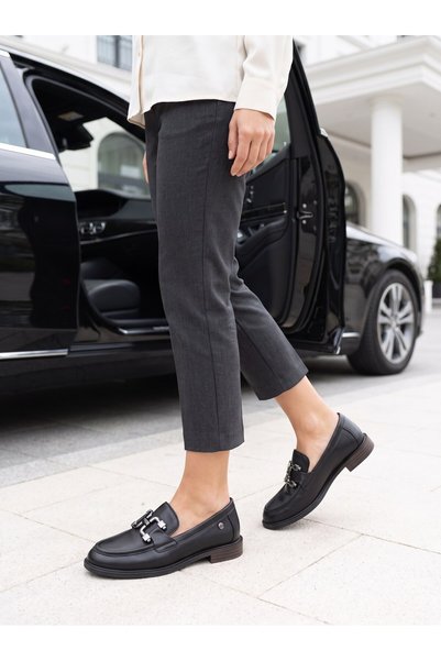 Mammamia D26KA 3100 Black Genuine Leather Moccasin Women's Shoes