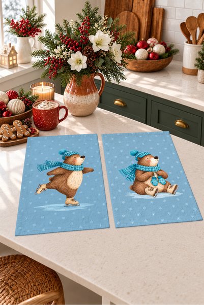 Evmila Ice Skating Teddy Bear Print: Blue-Patterned Digital Print 2-Piece Kit...