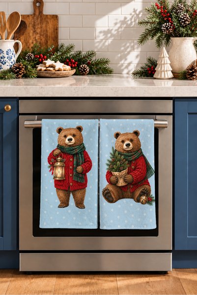 Evmila Snow Teddy Bear Print and Scarf, Ice Blue Patterned, New Year's Decora...