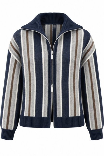 Laluvia Navy Blue and Charcoal Grey Striped Cardigan - TH261048