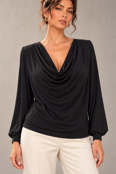 moda wanilia Bluză elegantă pentru femei, cu decolteu drapat, mâneci lungi, d...