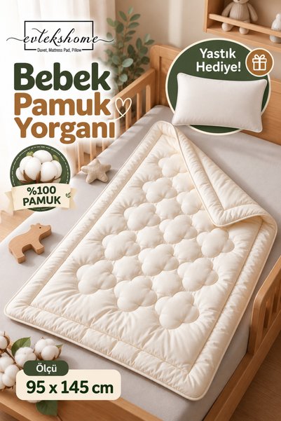 EVTEKSHOME %100 Pamuk Kumaş Bebek Yorganı 95x145 cm – Yastık Hediyeli, Yumuşak Bebek Yorgan Seti