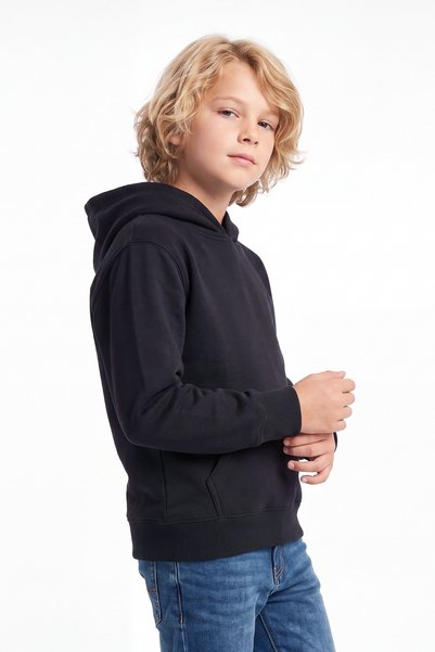 FYK COLLECTİON Boys' 3-Ply Winter Solid-Color Hooded Sweatshirt with Kangaroo Pocket