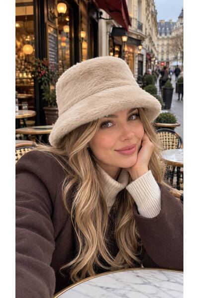 FELLMENS Beige Premium Soft-Textured Plush Bucket Hat for Women