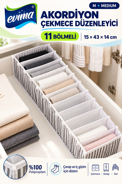EVİMA Medium 11-Fächer-Akordions-Schubladenorganizer – Organizer für Socken u...