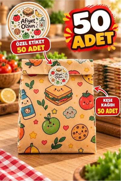 Kitchen Beauty 50 Adet Desenli Tost Sandviç Kağıdı Ve 50 Adet Afiyet Olsun Desenli Sticker- Hamburger Atıştırmalık Kağıdı Kese Kağıdı