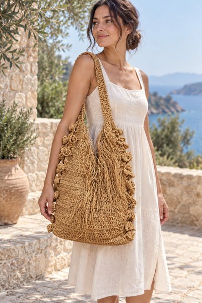 Miss Boheme Beige Beach-Style Tasseled Hand-Knitted Custom-Designed Clutch Bag