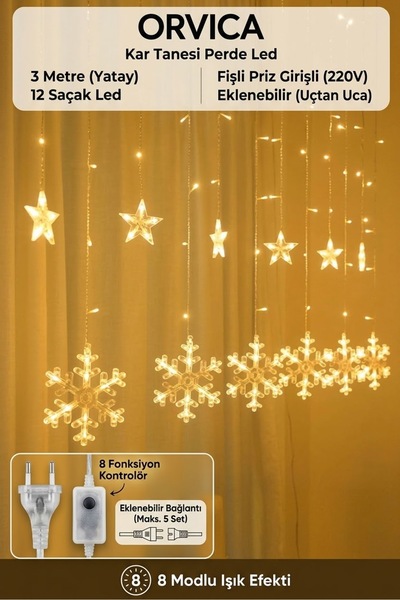 ORVİCA Kar Tanesi Perde Led 3 Metre 120 Led 8 Animasyonlu Aydınlatma Ip Led Işık Kar Tanesi Dizeleri Gün Işığı