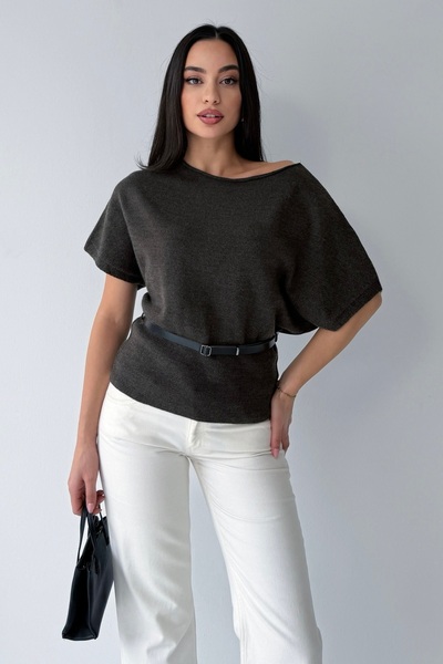BEJNA Women's Brown Wool Blend Boat Neck Sweater with a Belt