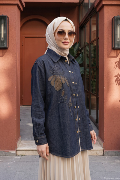 Lale Butik Baumwoll-Jeanshemd mit Knopfleiste vorne und Perlenbesatz 10806 Denim