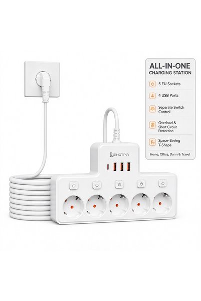 Choice EU-A05 White1.8m EU Plug 5 AC Power Strip Wall Mounted Independent Swi...