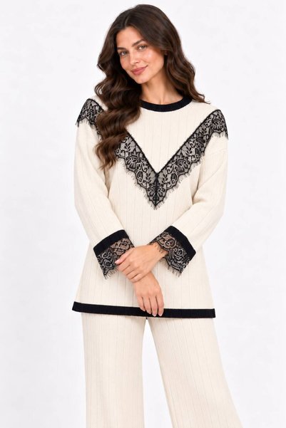 HIRA CO. Women's Two-Piece Set with a Crew Neck Featuring Lace Details on the...