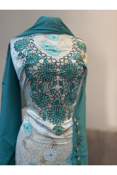 LAVEN Emirati Soft Silk Khimar Fabric with Heavy Embroidery on Chest and Slee...