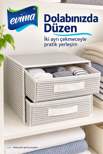 EVİMA 2 Schubladen, faltbarer Stoff-Organizer – Grau gestreift, 31 × 30 × 22 cm