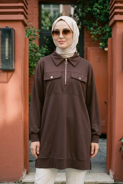 Lale Butik تونيك قطني بتفاصيل سحاب أمامي، موديل 10783، باللون البني.