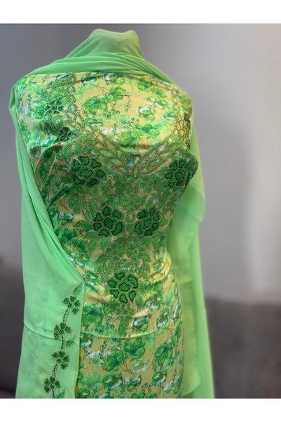 LAVEN Emirati Soft Silk Khimar Fabric with Heavy Embroidery on Chest and Slee...