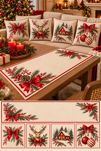 Vendini New Year's Theme, Vibrant Colors Table Runner and Set of 4 Cushion Co...