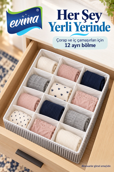 EVİMA 12-Fächer-Schubladen- und Schrank-Organizer – Grau gestreift, 31 × 25 ×...