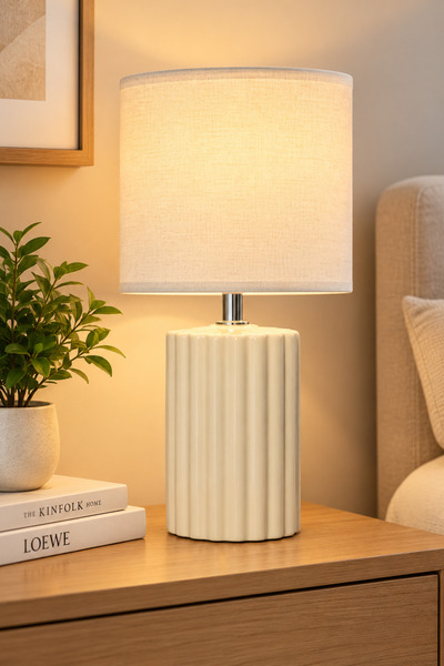 N.zone Modern Table Lamp with Elegant Wooden Cylinder Base and Luxurious Fabr...