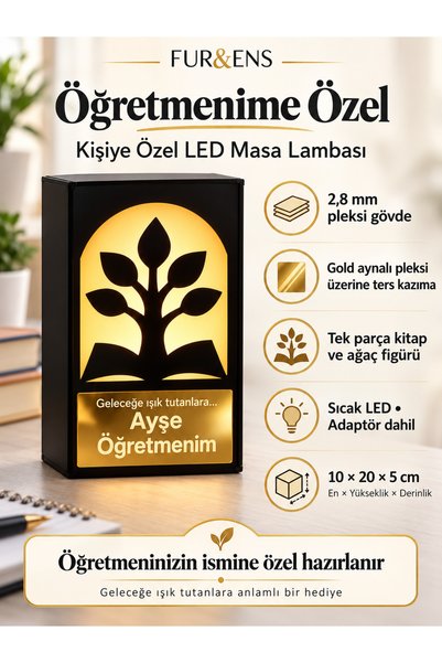 fur&ens Öğretmenler Günü Hediyesi Kişiye Özel İsimli Gold Aynalı Pleksi LED Masa Lambası 10×20 cm