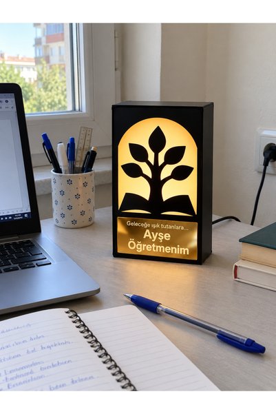 fur&ens Öğretmenler Günü Hediyesi Kişiye Özel İsimli Gold Aynalı Pleksi LED Masa Lambası 10×20 cm
