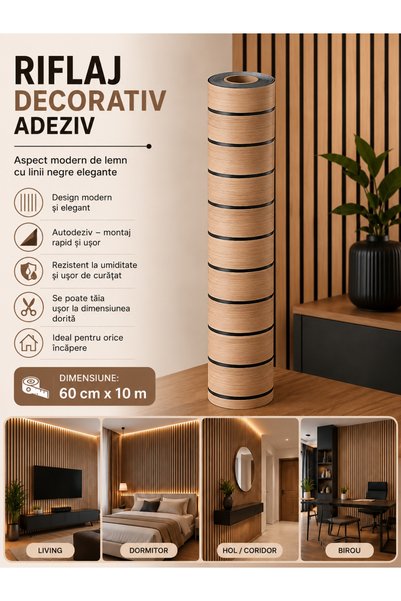 Generic Brand Riflaj Decorativ Autoadeziv PVC, Aspect Lemn Natur cu Linii Neg...