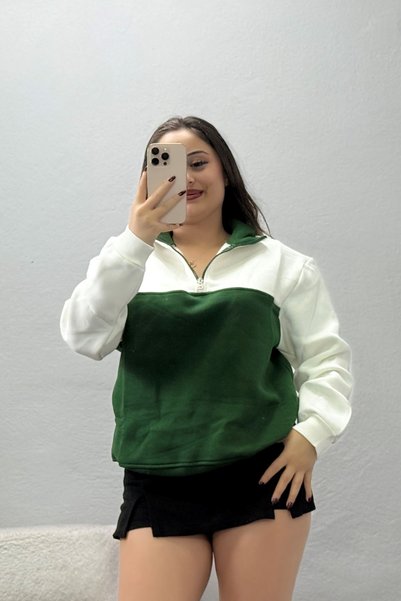 BELENDİR Women's 3-Ply Sweatshirt with Half-Zip, Ecru-Green
