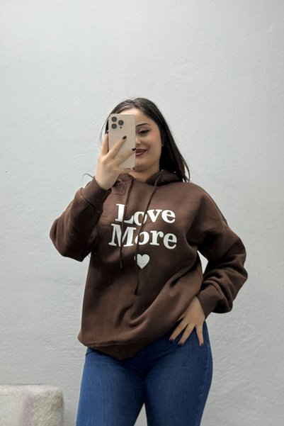 BELENDİR Women's Three Thread Hooded Printed Sweatshirt Brown