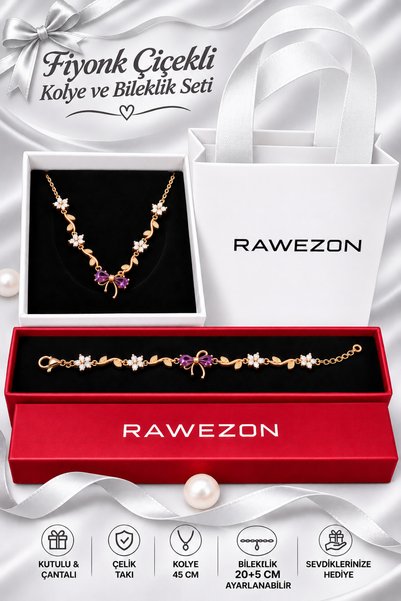 RAWEZON Gold Renk Fiyonk Çiçekli Kolye Bileklik Seti Zirkon Taşlı Çelik Takı ...