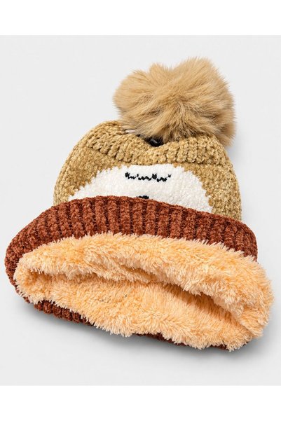 PIECE SIGNATURE Cute Dog-Shaped Winter Beanie with Fur-Lined Design, Pom-Poms...