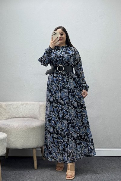 BELENDİR فستان شيفون نسائي بياقة عالية ونقشة، باللون الأزرق.