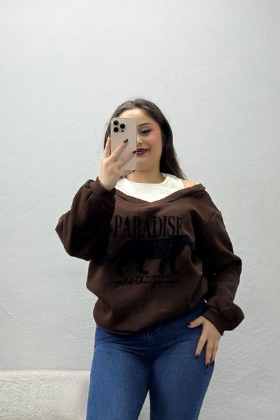 BELENDİR Women's 3-Thread Printed Tank Top with Detailed Sweatshirt in Brown
