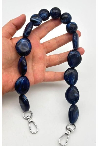 angel çanta aksesuar 47 cm Navy Blue Beaded Bag Handle with Silver Hooks