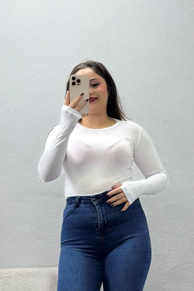 BELENDİR Women's Crew Neck Fingerless Viscose Bodysuit, White