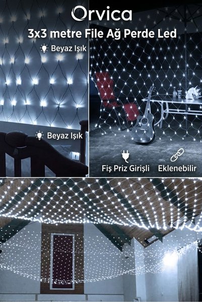 ORVİCA 3x3 Metre Beyaz File Ağ Perde LED Işık Fişli Eklenebilir Yılbaşı Dış Mekan Bahçe Aydınlatması