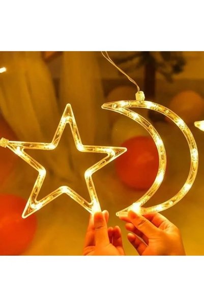 ORVİCA Ay Yıldızlı Perde Led Işık 8 Fonksiyonlu Saçaklı Perde Led Parti Süsü Ramazan Yılbaşı Doğum Günü