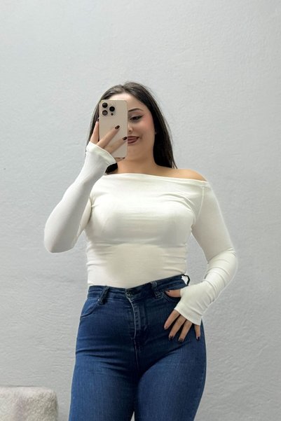 BELENDİR Women's Off-Shoulder Blouse with Finger-Loop Details, Ecru