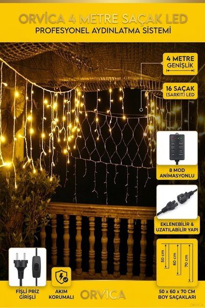 ORVİCA Sarı Led Işık Saçak Sarkıt Efektli 8 Modlu 4 Metre Power Led 16 Saçak Süsleme 220v Fişli