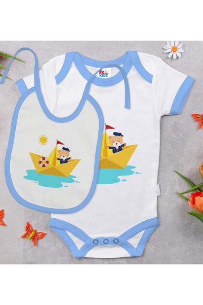 Bk Gift BK Kids Cute Captain-Themed Blue Baby Bodysuit and Bib Gift Set-1