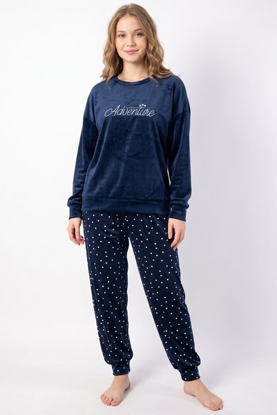 hadiora Set de pijamale din catifea pentru femei, de culoare bleumarin, cu gu...