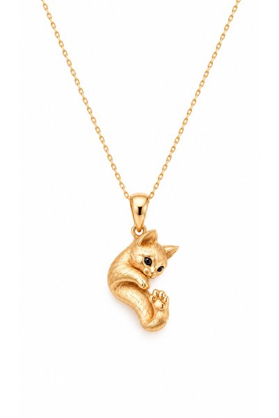 Coy Diamond 925 Ayar Gümüş Gold Yavru Kedi Figürlü Kadın Kolye, Siyah Gözlü 3...