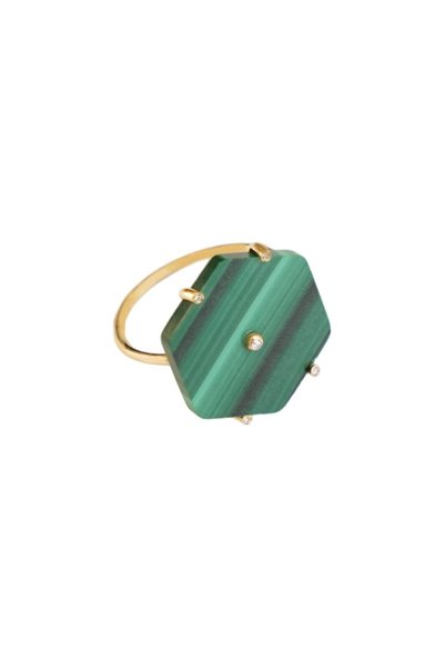 Jewelivery 18Kt Gold Diamond Hexagon Malachite Ring Size 54 DR1Y176