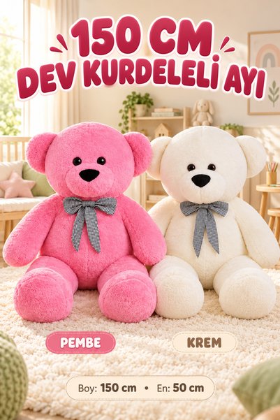 hak-iş oyuncak 150 cm Plush Teddy Bear with a Large Bow – Giant Size, Cream/P...