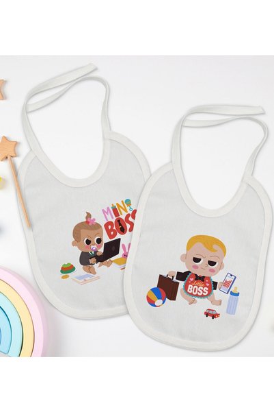Bk Gift BK Kids Mini and Little Patterned White Baby Bib Set of 2 - 1