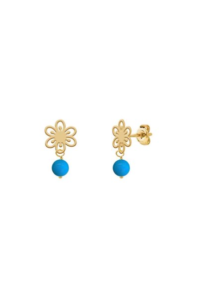 Jewelivery 18Kt Gold Flower Earrings with Turquoise & Cultured Pearls E1YK14