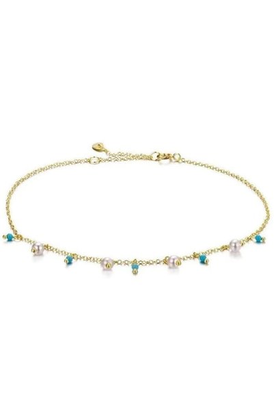 Jewelivery , Anklet, 18KT Yellow Gold Pearl and Turquoise, Model Pearl-TQ, Ad...