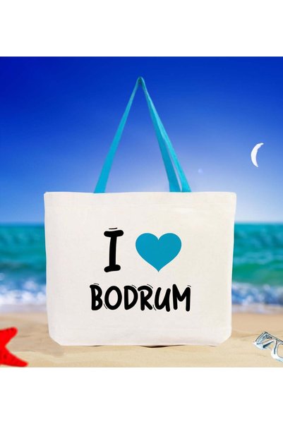 Bk Gift I Love Bodrum Turquoise Canvas Beach Bag with Handles, 48x40m, Printe...