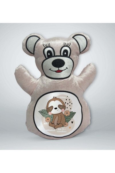 Bk Gift Cream-Colored Teddy Bear Print Pillow with Sloth Design - 1