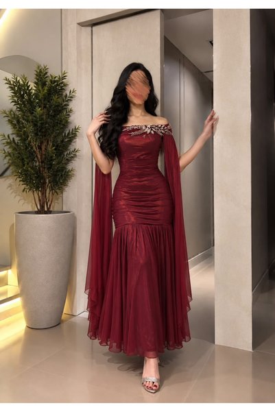 BAKLAFASHO Long Evening Dress with Off-The-Shoulder Neckline - Dark Burgundy